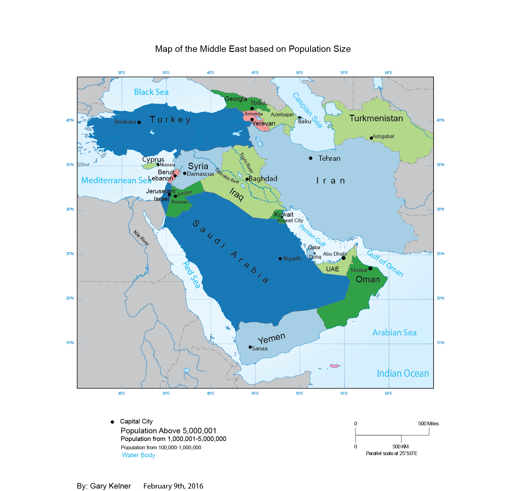 Map of the Middle East with country and capital labels.